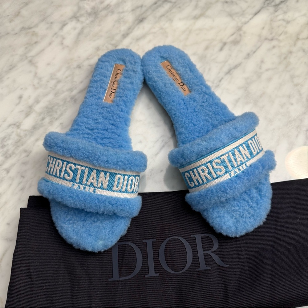 Dior Chez Moi Slide Bright Blue Embroidered Cotton and Shearling sandals